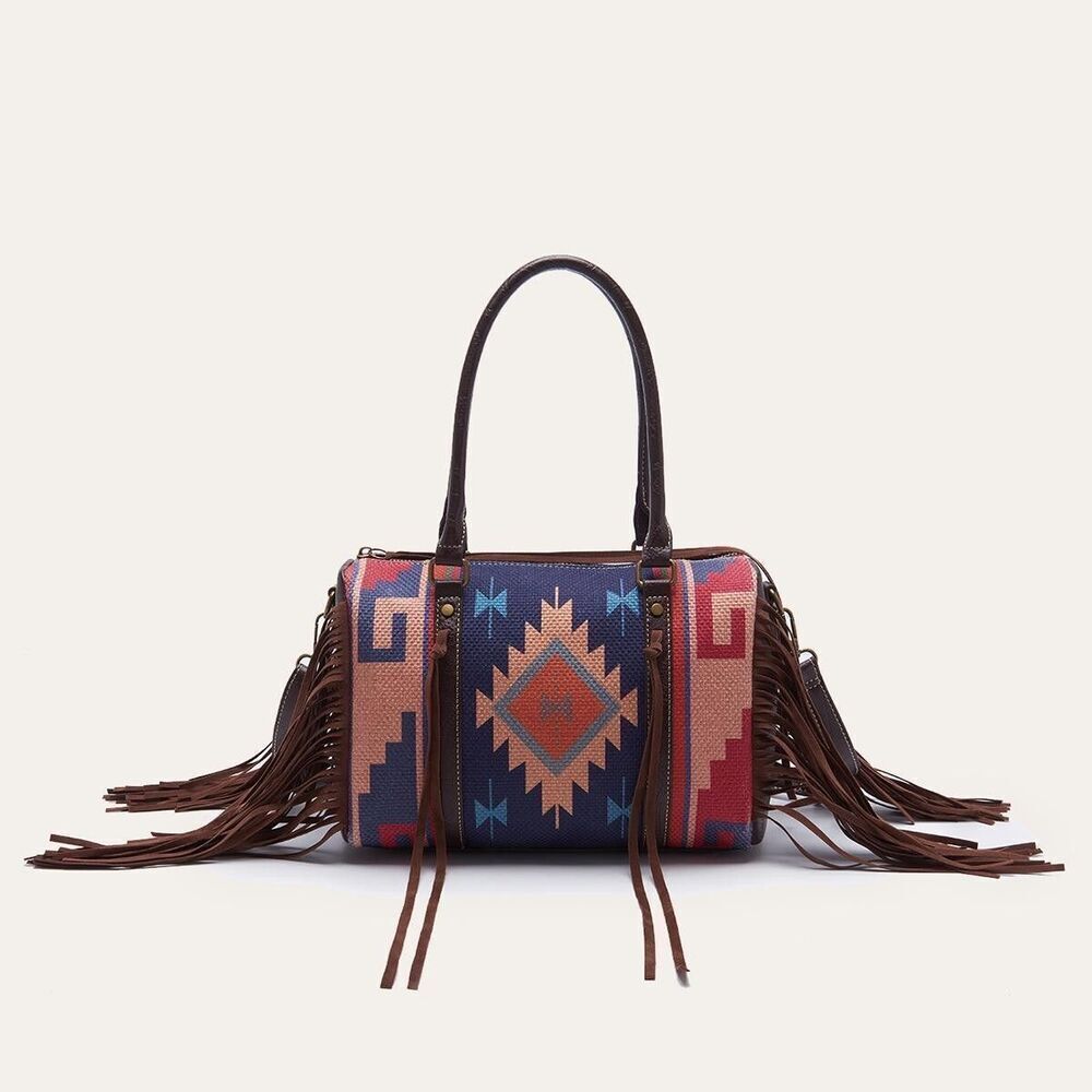 Ethnic Aztec Print Purple Fringed Boston Satchel Handbag for Women Tourist - Picture 2 of 2